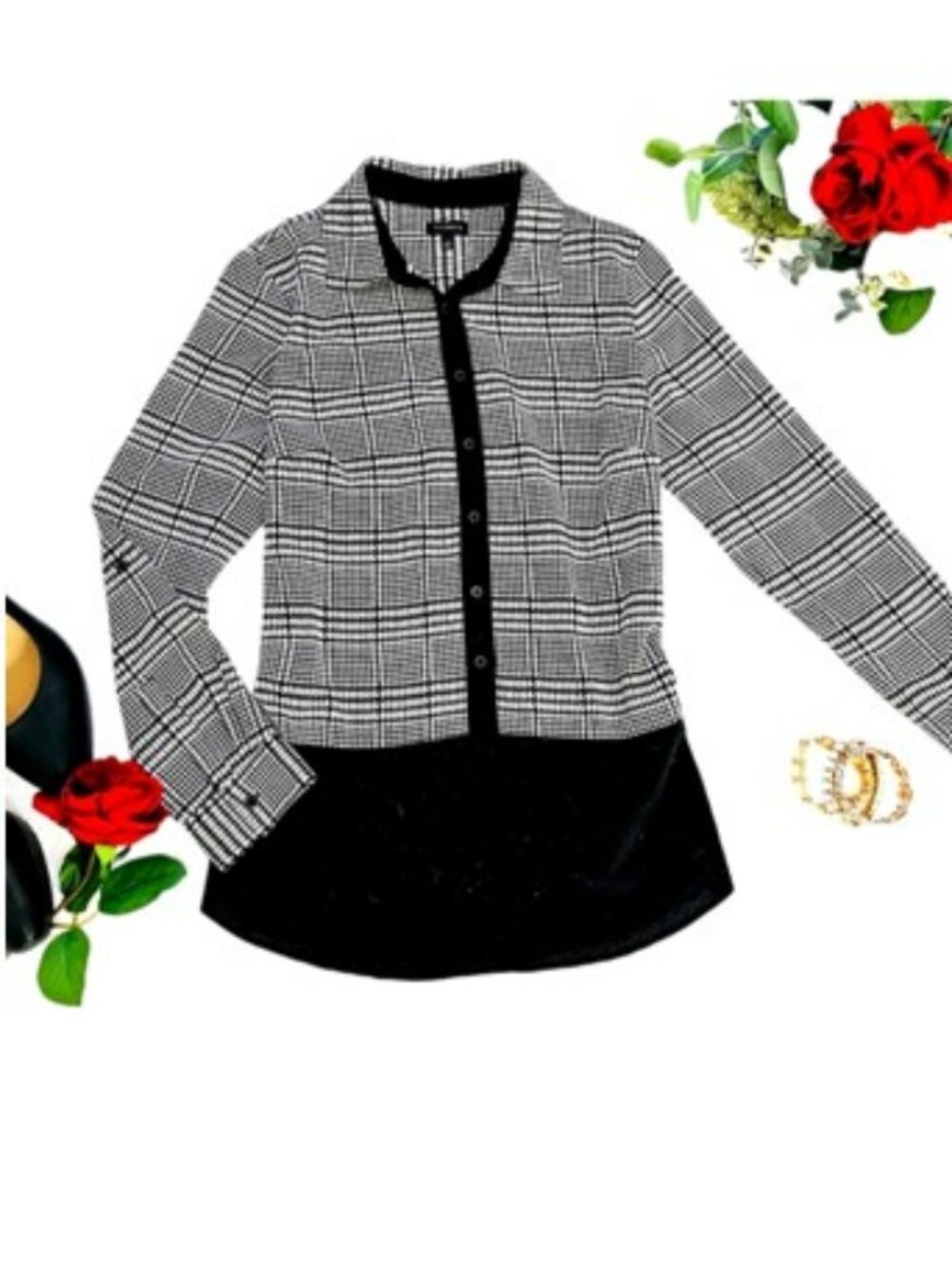 Talbots Women's Blouse Size Small Black White Plaid Spring Lightweight Office